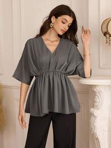 Modelyn Women's Solid Color Casual Stylish Multi-Layer Ruched Batwing Sleeve Deep V Loose Blouse - Grey - View 6