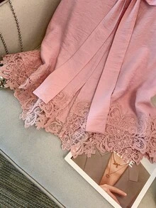 GlowEve CURVE Plus Size Women Bow Decor Lace Trim Tank Top, Fashionable Vintage Elegant Casual Vacation Sleeveless Top - Pink - View 6