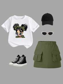 2件/套（6件）少女休闲时尚创意个性简约朋克摇滚女孩图案，卡通人物女孩喜爱，简约英文标语，舒适圆领T恤搭配迷你裙套装。6件随机发货，适合春夏穿着，轻盈舒适，秋冬叠穿的理想之选，时尚休闲穿搭，返校季、聚会、户外野餐、街头摄影、校园、节日、送礼佳品。 - 彩色 - 查看 6