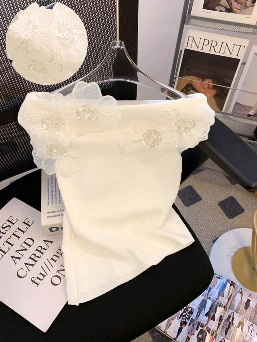 Franclia 女士休闲优雅露肩花卉贴花修身T恤 夏季 夏季 夏季上衣 情人节 女士情人节 女士沙滩装 女士沙滩装 优雅女士T恤 女士休闲T恤 白色上衣 - 白色 - 查看 1