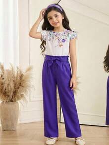 SHEIN Tween Girls' Casual Floral Print Round Neck Cap Sleeve Shirt Top And Straight Waist Paper Bag Pants 2-Piece Coordinating Set, Purple