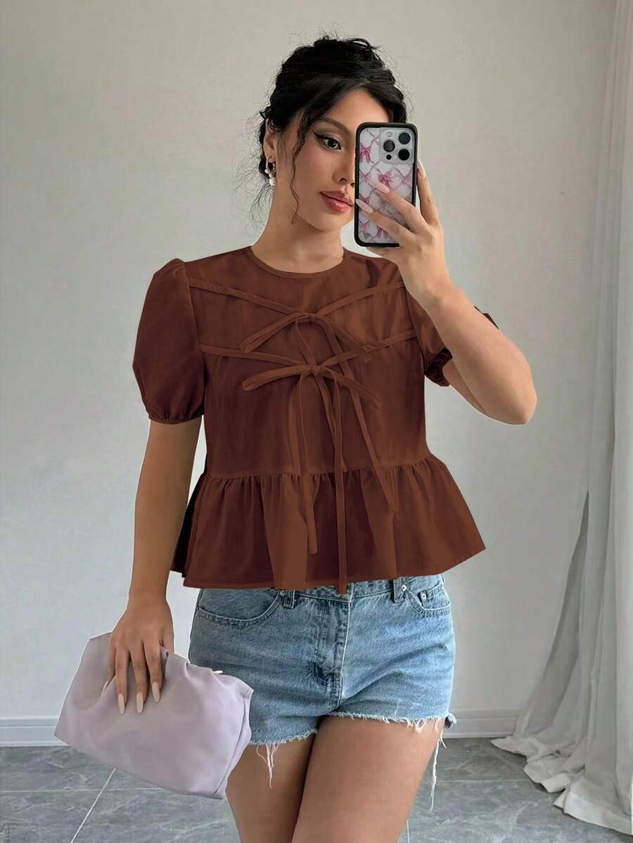Elenzga Women's Summer Solid Color Round Neck Bubble Short Sleeve Bow Tie Blouse Peplum Top Brown Blouse Coffee Brown Top Rust Brown Top Ruffle Top Chocolate Brown Top - Rust Brown - View 1