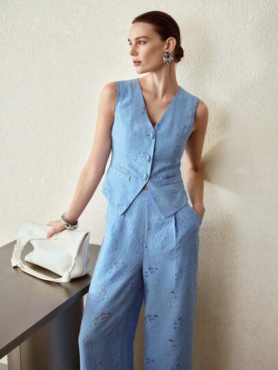 MOTF PREMIUM 时尚优雅定制V领无袖修身上衣和裤子两件套女装，春夏款