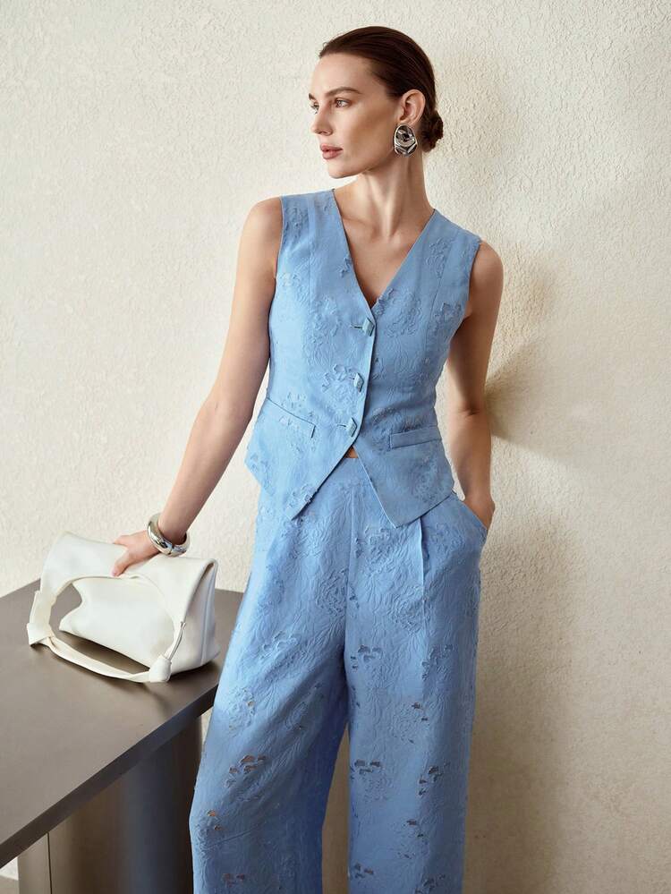 FASHIONABLE & ELEGANT CUSTOM-MADE V-NECK SLEEVELESS FITTED TOP & PANTS WOMEN 2 PIECES SET, SPRING/SUMMER