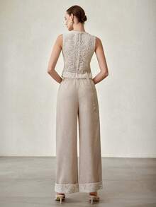 MOTF PREMIUM Bộ đồ thời trang nữ 2 món gồm áo không tay thiết kế khoét lỗ và quần dài xếp ly. - Màu Khaki - Xem 6