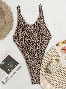 Swim SXY 2025新款豹纹性感沙滩比基尼，夏季连体丁字泳衣 - 棕色 - 查看 6