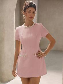 Aveloria Rosie Textured Beaded Decor Palace Style Mandarin Collar Fitted Waist Slim Short Sleeve Dress, Suitable For Spring & Summer - Baby Pink - View 5