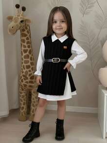 Young Girls' Color Block 2 In 1 Dress, Autumn/Winter - Black - View 2