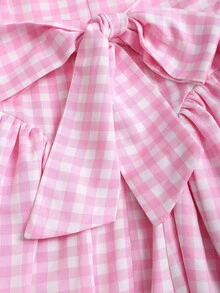 Sweetra 法式浪漫格纹喇叭裙甜美蓬蓬裙吊带夏季女装 - 粉色 - 查看 3