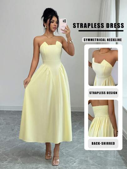 SHEIN Elenzya Women's Strapless Elastic Design Backless Ruched Waist A-Line Dress, Casual Commuter Chic Elegant Fashion Versatile French Business Retro Street Romantic Date Holiday Early Spring/Spring Summer New Yellow Sleeveless Dress