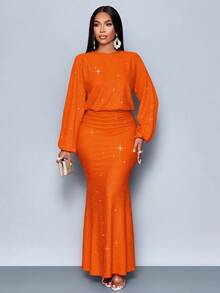 SOLERSUN 适合圣诞派对、度假、约会和情人节的粉色优雅美人鱼下摆修身性感连衣裙长款女装 - 橘色 - 查看 3