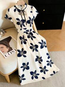 Franclia 女士优雅印花系带长裙 - 黑與白 - 查看 1