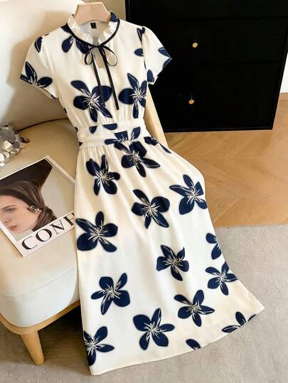 Franclia Women's Elegant Floral Print Tie-Up Long Dress