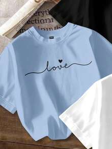 Attitoon Set de 3 camisetas cortas de mujer de cuello redondo, manga corta y ajustadas con estampado minimalista y de corazón - Multicolor - Ver 3