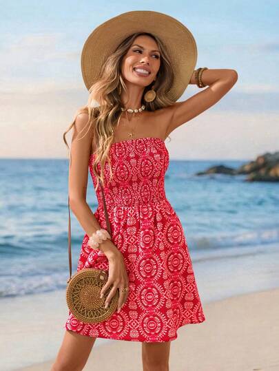 Sylviya Women's Casual Floral Retro Print Tube Top Dress, Vacation,Vacation