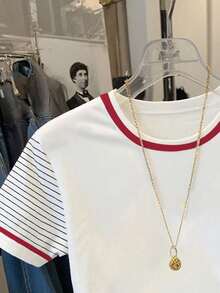 Resyla 女士休闲字母印花条纹T恤，夏季女装 - 粉色 - 查看 3