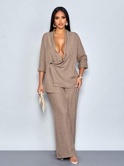 SOLERSUN Sexy, Elegant, Casual, And Comfortable Two-Piece Linen Set In Brown, Featuring Long Sleeves And Trousers. A Sophisticated, Old-Money Style Perfect For Spring And Summer, Ideal For Beach Vacations And Everyday Wear.