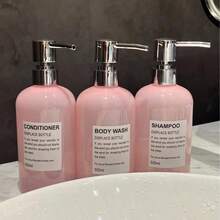 Three Pieces Semi Transparent Jade Pink 500ml/16oz Reusable Plastic Bottle With Waterproof Label, Suitable For Shampoo, Conditioner, Shower Gel, Shower Gel - Home, Hotel, Salon Use - Japanese And Korean Style - Jade Pink - View 4