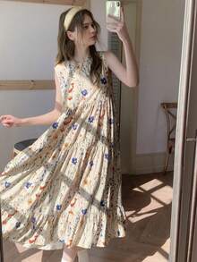 DAZY 少女碎花层叠下摆无袖宽松度假连衣裙，夏季 - 卡其色 - 查看 4