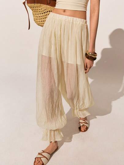 Poéselle Women's Beige Yellow Elastic Waist Sheer Casual Latern Pants, Beach Pants,Vacation Outfits Women,Holiday Outfits For Women ,Summer Outfits For Women,Spring/Summer