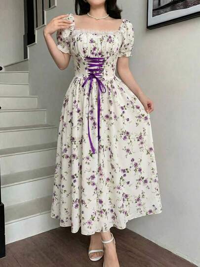 Glamine Vestido con cuello de volantes, mangas abullonadas, cintura con lazo y estampado de flores en parches, estilo francés elegante para vacaciones