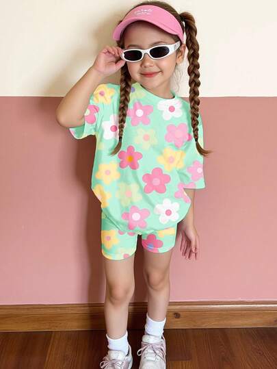 2pcs/Set Young Girl Casual Floral Print Short Sleeve Round Neck T-Shirt And Shorts Set, Suitable For Summer