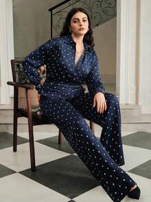 Anewsta 大码女式波点翻领单排扣长袖上衣和阔腿裤休闲通勤套装 - 寶藍色 - 查看 2