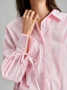 Ontre 2026春夏新款女士梭织衬衫，褶裥设计，长袖，立领，纽扣，粉色，宽松版型，抽绳，时尚百搭，适合情人节、婚礼季、度假派对、独立日、都市时尚、简约通勤装等场合。 - 粉色 - 查看 6
