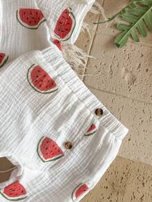 Vintaside Kids Bộ 2 món cho bé sơ sinh, họa tiết dưa hấu và trái cây dễ thương, phong cách đồng quê, chất liệu vải crepe hai lớp mềm mại, thoải mái cho mùa xuân/hè. - trắng - Xem 5