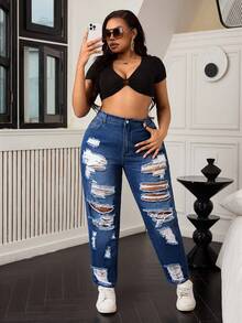 SHEIN SXY Plus Size Distressed Loose Mom Jeans - Dark Wash - View 7