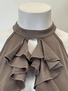 SHEIN Jeanoir Y2K Sexy Deep V-Neck Ruffle Design Stretchy Bodycon Mini Dress - Khaki - View 4