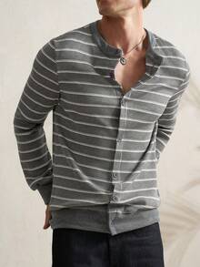Airaco Men's Casual Striped Button-Front T-Shirt, Spring/Autumn - Grey - View 2