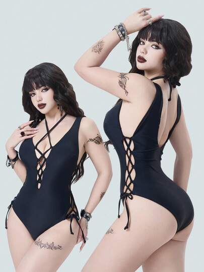 26SS Gothic Punk Avant-Garde Sexy One-Piece Swimsuit, Women's Street Cool Pentagram Lace-Up Design, Multi-Layer Adjustable Lace-Up Straps, Bowknot Strap Decor, Backless Black, Elegant Romantic Sexy, Suitable For Beach, Island Vacation, Holiday, Party, Daily Wear