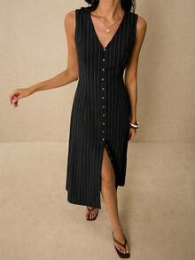Poéselle 女士时尚条纹V领单排扣无袖连衣裙 - 黑色 - 查看 5