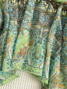 Sweetra Fashionable Tube Chiffon Printed Blouse With Unique Waist Tie And Asymmetric Hem Design, Summer New Arrival - Multicolor - View 7