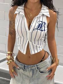 SHEIN HypeZone Streetwear Women's Sleeveless Striped Print Shirt, Spring/Summer - White - View 6