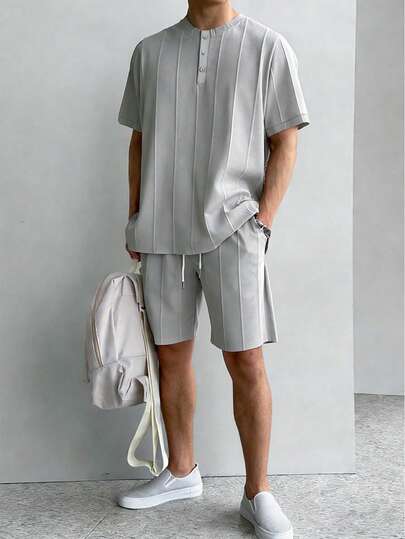 Manfinity Homme 男士条纹短袖休闲宽松舒适T恤套装，夏季