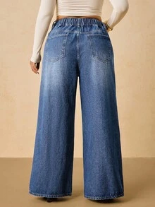 SHEIN Tall CURVE Plus Size Women's Fashion Wide Leg Pockets Jeans - Medium Wash - View 2