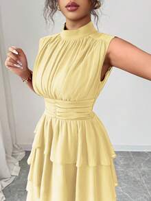 Elenzga Vestido corto italiano sin mangas para mujer, de gasa de unicolor con cuello pequeño, cintura recogida, volantes en la falda, para uso casual, viajes, tardes de té - Amarillo claro - Ver 8