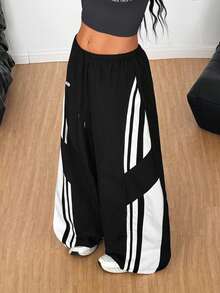 Coolane Pantalones cargo de paracaídas con bloques de color, estilo streetwear para conciertos y salidas, de tela tejida con parches, para mujer talla grande en primavera y verano - Negro - Ver 1