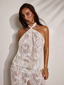 SHEIN BAE Dam enfärgad halterneck broderad casual semester rygglös linne - Aprikos - Visa 5