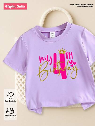 SHEIN GraphicGems 女童四岁生日皇冠爱心印花圆领短袖紫色T恤，舒适百搭，适合女孩日常穿着，春、夏、秋、冬四季皆宜。