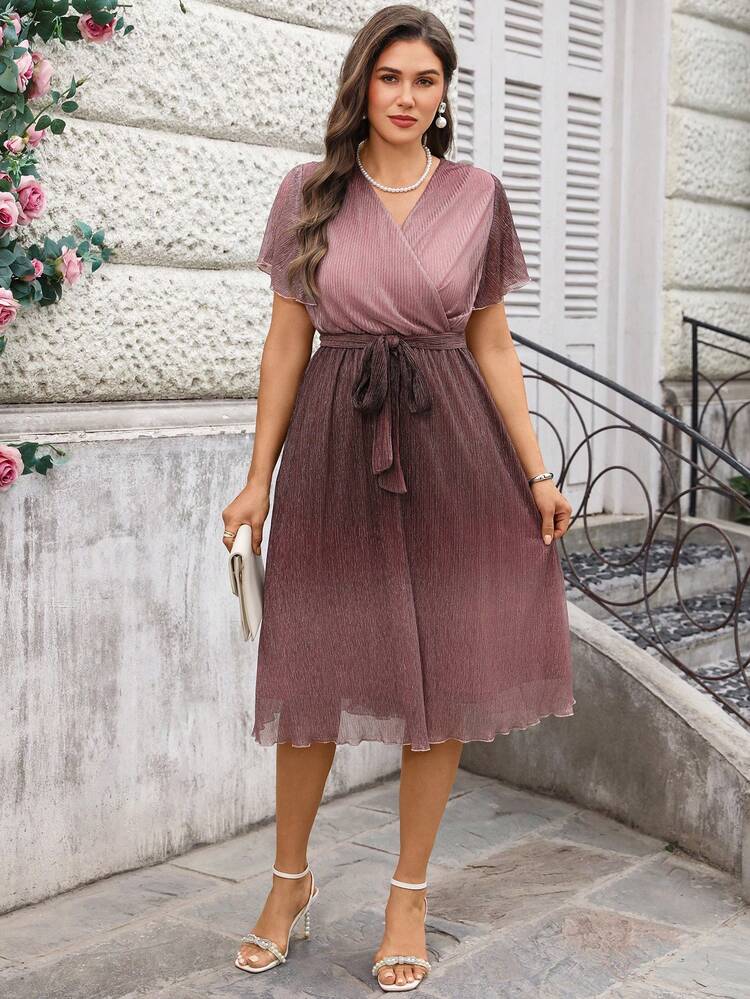 Plus Size Multicolor Casual V Neck Wrap Knee Length Flounce Short Sleeve A Line Dress
