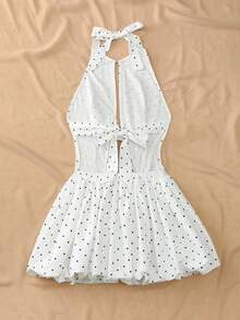 INAWLY Women's White With Black Polka Dots Boho Halter Polka Dot Mini A Line Dress With Shirred Details Sleeveless Flared Hem Holiday Holiday Vacation Summer - White - View 2