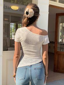 Elyressa Textured Fabric Asymmetric Collar Short Sleeve Asymmetrical Hem French Style Women T-Shirt - Apricot - View 3