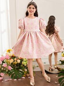 SHEIN 少女优雅圆领泡泡袖露背提花面料中长连衣裙 - 淺粉色 - 查看 2