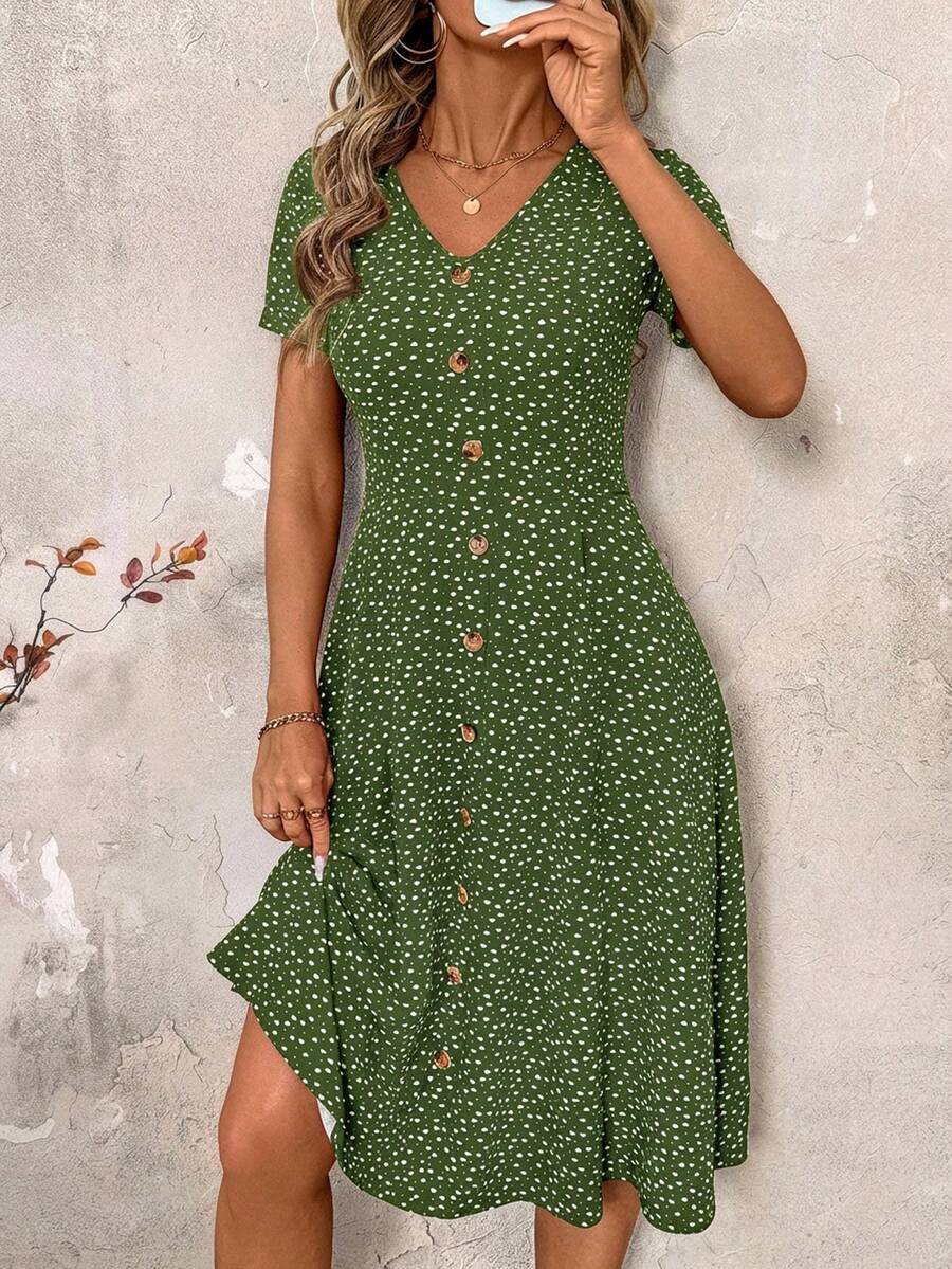 SHEIN Clasi V领纽扣红色波点收腰女式连衣裙，春季服装，情人节连衣裙 - 綠色 - 查看 1