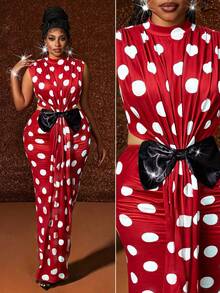 Maweii Vestido de fiesta, cumpleaños o Navidad para mujer de talla grande, elegante, con diseño de hombros fruncidos, decoración de lazo 3D exagerado y bloque de color, vestido de cóctel de moda para otoño/invierno - Rojo y blanco - Ver 8