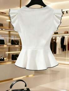 Franclia 女士纯色单排扣短袖时尚衬衫 - 黑與白 - 查看 2