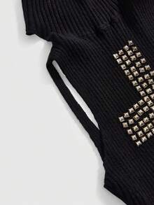 ROMWE J-Fashion Women's Sexy Backless Cross Rhinestone Embellished Turtleneck Knit Top - Black - View 3